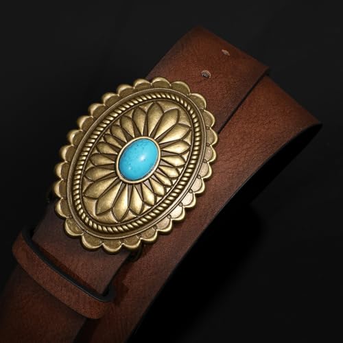 Image of XZQTIVE Women Western Leather Belt Vintage Country Belts For Cowgirl Jeans Dresses Ladies Concho Belt With Turquoise Buckle