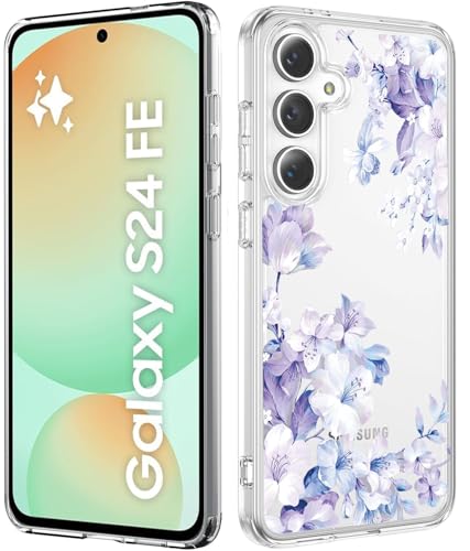 Image of VONZEE Clear Transparent Flower Case Compatible with Samsung Galaxy S24 FE 5G, Shockproof Floral Design PC+TPU Back Cover, Camera Protection Slim Protective Phone Case for Women & Girls, Purple