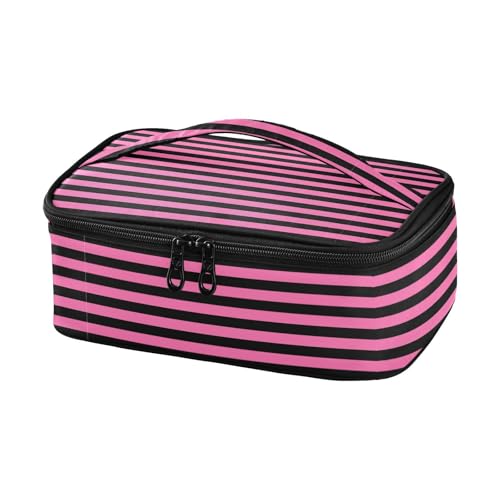 KLL Lonchera congelable con diseño de rayas horizontales, color rosa y negro, para adultos, con asa traste para almuerzo de ninas