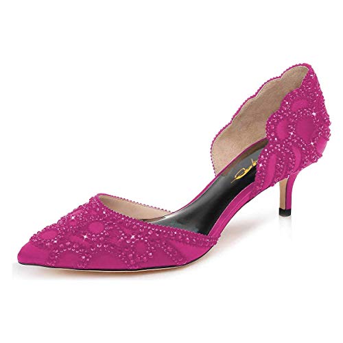 Image of XYD Women's Pumps, Elegant Pointed Toe, D'Orsay Kitten Low Heels, Rhinestone Studs, Slip-On Satin Shoes for Wedding
