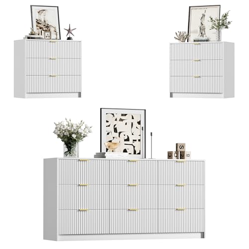 Image of Furniway 3 Piece Bedroom Set, 9 Drawer Dresser and Nightstand Set of 2 with Gold Handles, Modern Wood Chest of Drawers Storage Cabinet for Bedroom, White