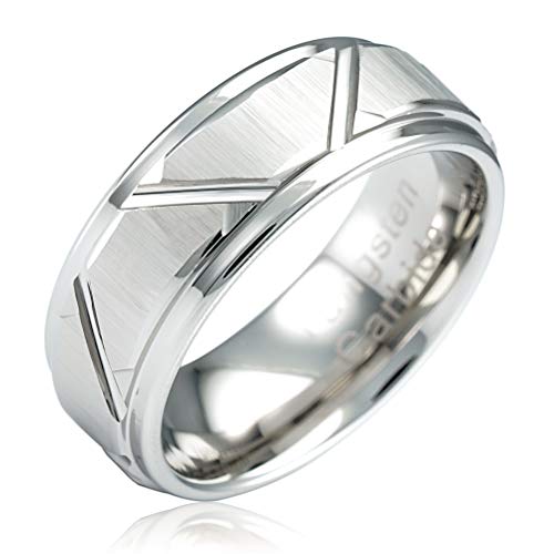 100S JEWELRY White Gold Tungsten Rings Angled Groove Lines Men Wedding Bands Step Edge Promise Engagement Size 6-16 (Custom Text Engraving, 11.5)