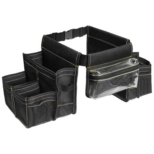 wkao Tablier de nettoyage imperméable réglable pour femme de ménage, sac à outils multi-poches, noir, comprend une poche transparente, parfait pour un usage domestique ou professionnel