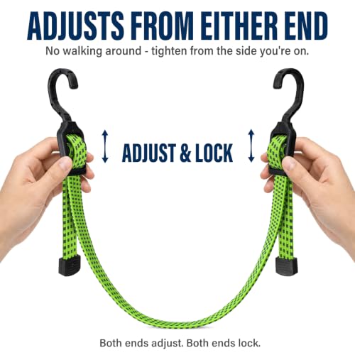 Image of 4 Pcs 40 Inch Flat Adjustable Bungee Cords with Hooks - Heavy-Duty 4-Latch, Dual-End Adjustable Elastic Bungee Straps for Cargo, Truck, Bike, Camping & Outdoor Tie-Down, Green