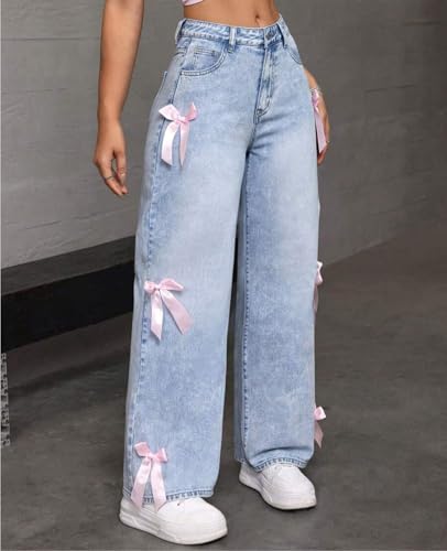 Baggy Jeans for Teen Girls Woman Bow Jeans High Waist Wide Leg Loose Pants Casual Streetwear Cute Clothes3
