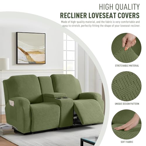 Image of KinCam Loveseat Recliner Covers with Middle Console Slipcover, Recliner Sofa Covers 2 Seat Couch Cover Stripe Jacquard Furniture Protector Covers with Elastic Bottom for Kids, Pets(Olive Green)