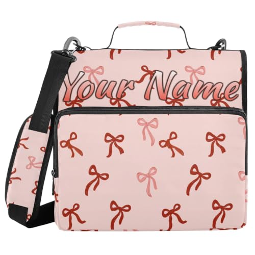 Image of Custom 3 Ring Zipper Binder Cute Red Bows Pink Personalized Name 1.5 Inch Binders Large Capacity Multi Pockets for School Office Supplies