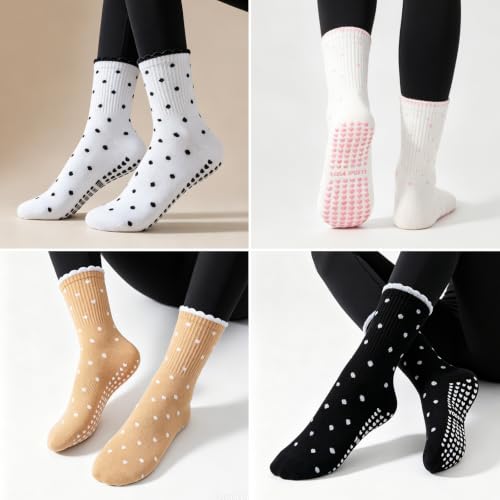 Image of Toes Home Pilates Socks for Women with Non Slip Grippers, Yoga Crew Socks for Barre Hospital Sticky Slipper Socks 4 Pairs
