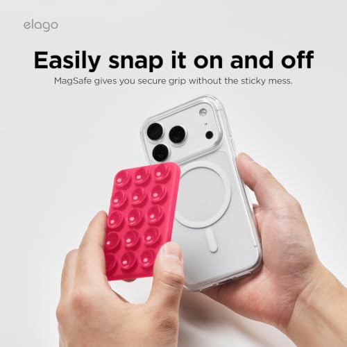 Image of elago Magnetic Suction Cup Phone Mount for iPhone, Compatible with MagSafe | Removable, Silicone, Holder, Hands-Free Selfies, Video for TikTok, Instagram Influencer, Creator, Strong Magnetism (Ice Red)