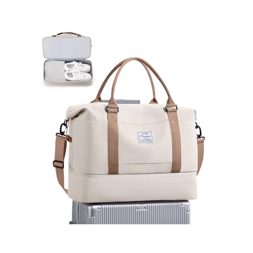BJLFS Weekender Bag for Women Travel Duffel Bag with Shoes Compartment Lightweight Carry on Luggage Bag for Airplanes Overnight Duffle Bag Waterproof Beach Bag Sports Gym Tote Beig image 2