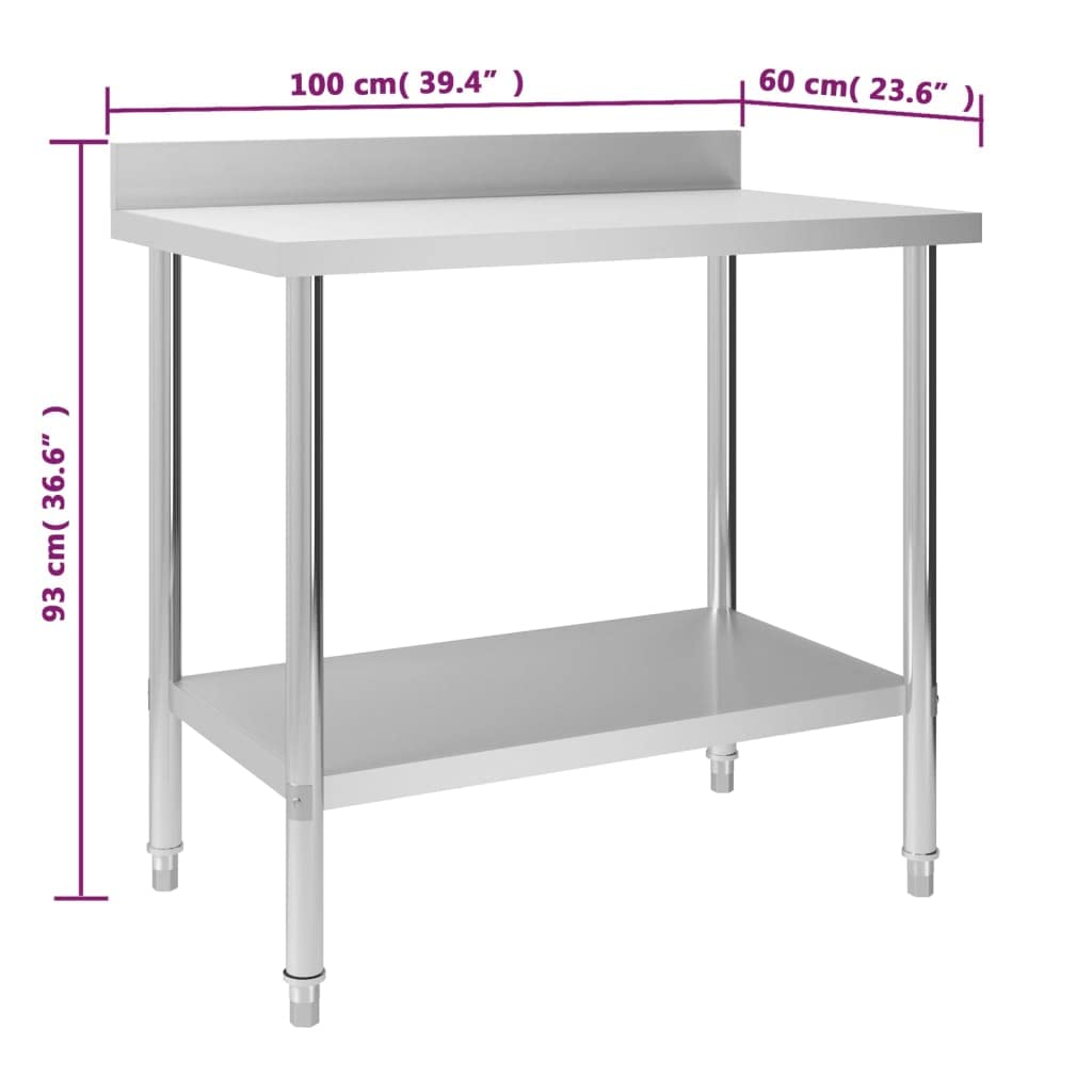 Table de Travail en INOX 100x60x93 cm avec dosseret et étagère pour Restauration Cuisine Professionnelle, Stockage et préparation Alimentaire