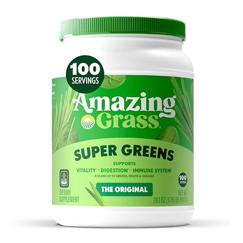 Amazing Grass Greens Blend Superfood: Super Greens Powder with Spirulina, Alfalfa, Beet Root Powder, Digestive Enzymes, Prebiotics & Probiotics, Original, 100 Servings (Packaging May Vary)