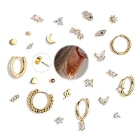 25Pcs Hypoallergenic Surgical Steel Earrings for Sensitive Ears 14K Gold Plated Flat Back Cartilage Earrings for Women Men Clear CZ Screw Back Flatback Stud Hoop Earring Set for Multiple Piercing