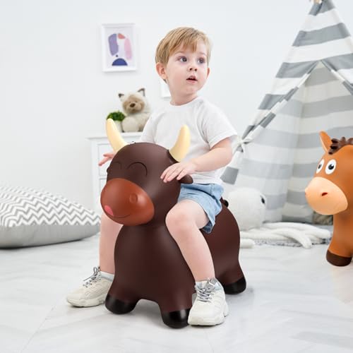 Image of EVERICH TOY Bouncy Animal Hopper, Ride-On Bull Hopping Toy for Toddler 18M+ | Inflatable Horse Hopping Toy for Boys Girls, Indoor Outdoor Bouncy Bull Toy for 2 Year Old Kids, Gift for 3 4 5 6 Yrs W / Pump