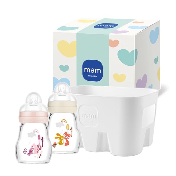 MAM Feel Good Combi Set, 2x Babyflasche aus Glas (170 ml), Baby Erstausstattung mit Sauger Gr. 1 und Flaschenkorb, Baby Geschenk Set, ab der Geburt, Eichhörnchen/Fuchs