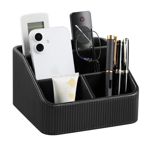 Cretkhp Soporte para control remoto con 4 compartimentos, organizador de mesita de noche pequeño de piel sintética para accesorios de escritorio en el hogar, suministros de oficina, multifuncionales