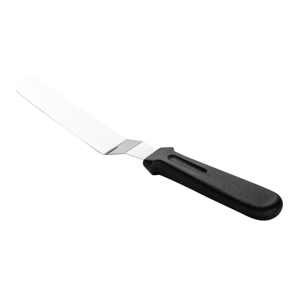 Restaurantware Met Lux 10.5 x 1.3 Inch Offset Spatula 1 Angled Icing Spatula - Plastic Handle 6-Inch Blade Black Stainless Steel Cupcake Icing Knife For Frosting Icing Or Layering