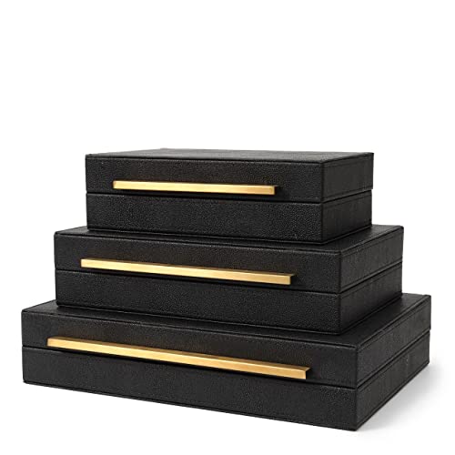 Sagadale Set Of 3Pcs Immitation Black Faux Shagreen Leather Jewelry Boxes, Decorative Boxes,Storage Boxes With Brushed Matt Gold Stainless Steel Handles(Black) #TOP11