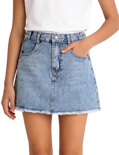 PATPAT Denim Skirt for Girls 5-14 Years A-Line Mid Waist Mini Jean Skirt with Elastic Waistband & Frayed Hem