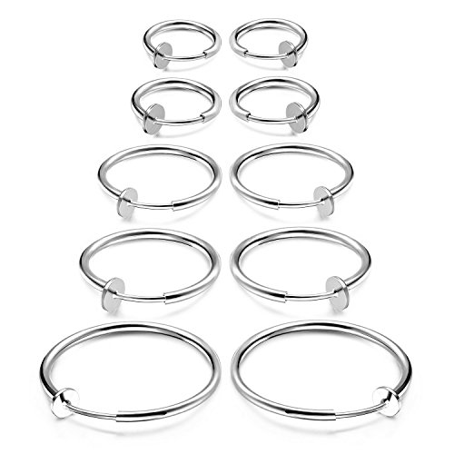JewelrieShop Clip on Hoop Earrings for Women Fake Nose Ring Faux Lip Septum Ring Fake Cartilage Earrings Spring Endless Hoop Earrings Non Piercing Lobes Men (5 Pairs,13mm-25mm,Mixed Colors/Sized)