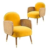 Art Leon Mid Century Modern Velvet Upholstered Oak Weave Armrs Accent Chair with Oak Wood Legs...