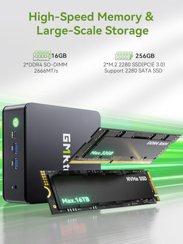 Image of GMKtec Mini PC, G11 AMD Ryzen Embedded R2514 (Beats 4300U /N150), 16GB DDR4 RAM 512GB PCIe M.2 SSD, Business Office Personal Desktop Computer Dual NIC 2.5GbE USB-C HDMI Triple Display