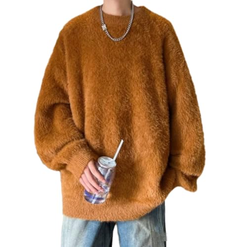 Men's Solid Fluffy Knitted Sweaters Vintage Loose Warm Unisex Crewneck Knitted Tops Pullovers