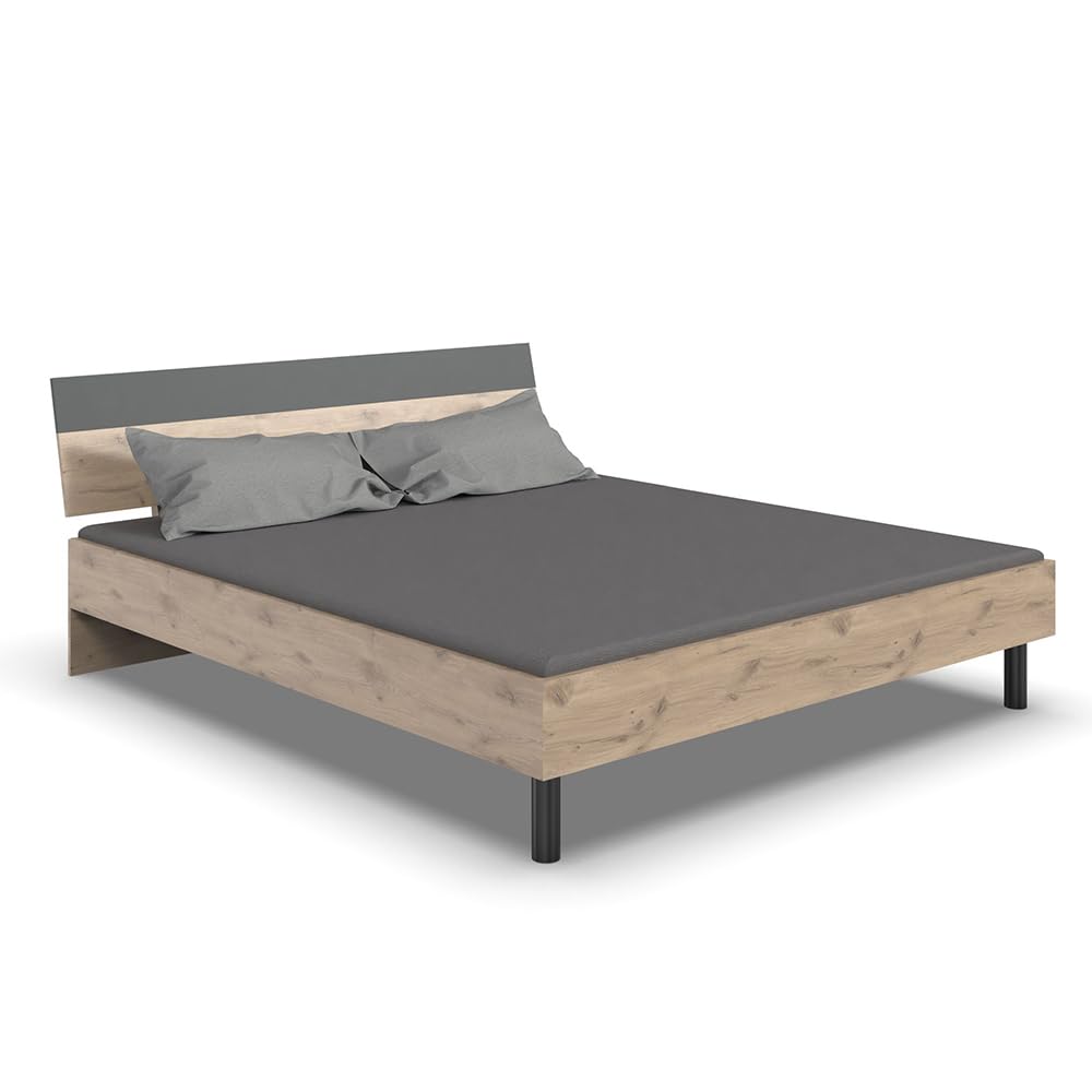 Lomadox Schlafzimmer Komplett Set 5-teilig, Bett 180x200 cm, 2X Nachtschrank, 1 Kleiderschrank, 1 Kommode in Eiche mit Graphit