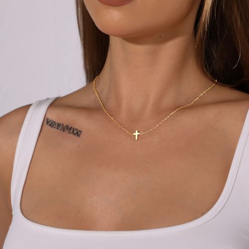 Cross Necklace for Women 14K Gold Silver Plated Sideways Cross Necklace Set Dainty Simple Silver Cross Choker Trendy Cute Layered Gold Cross Pendant Chain Faith Jewelry Gift4