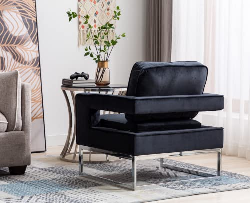 Ealson Velvet Accent Chair Modern Barrel Armchair Upholstered Single Sofa Chair With Open Back And Chrome Base Comfy Club Chair For Living Room/Bedroom, Black #TOP6