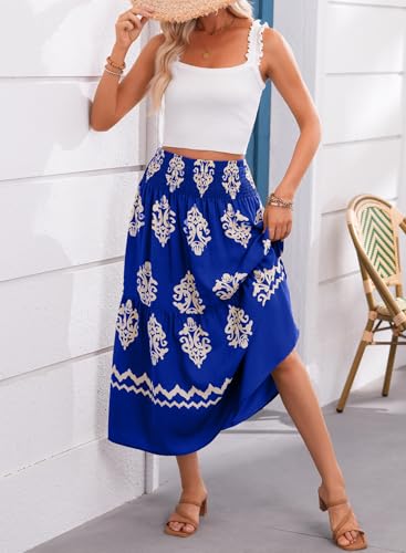 Happy Sailed Womens Retro Print Boho Maxi Skirt Elastic High Waist A-Line Pleated Flowy Long Skirts Beach Vacation Outfits2