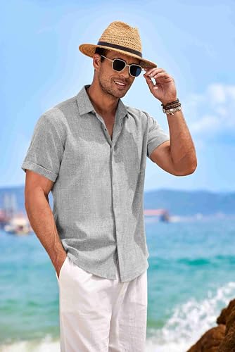 Image of COOFANDY Men's Linen Shirts Short Sleeve Casual Shirts Button Down Shirt for Men Beach Summer Wedding Shirt