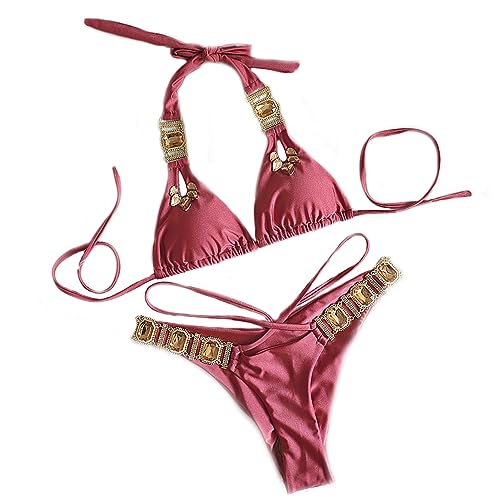 Lisa Colly Women's Sexy Swimwear Two Piece Bikini Bathing Suits Crystal Diamond Bikini Halter Swimsuit