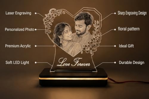 Image of Customized Photo Plaque | Personalized Printed Frame Acrylic Tabletop (Floral - Engraving)
