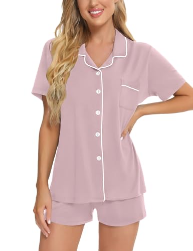 Image of SWOMOG Womens Button Down Pajamas Set Short Sleeve Sleepwear Bride Soft Pj Lounge Sets XS-3XL