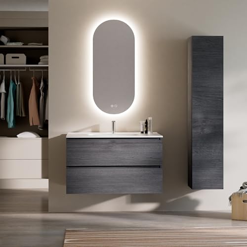 Feel Your Bath Mueble de Baño PANTER 100 cm Gris Antracita, Encimera Cerámica con Lavabo y Espejo Ovalado LED Antivaho, 2 Cajones Soft Close, Diseño Suspendido, Gran Almacenaje, Acabado Moderno