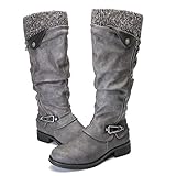 Stilvolle Damen Winterstiefel aus braunem Kunstleder mit Schnalle mit Reißverschluss und tiefem Absatz, für Teenager- und Jugendliche.