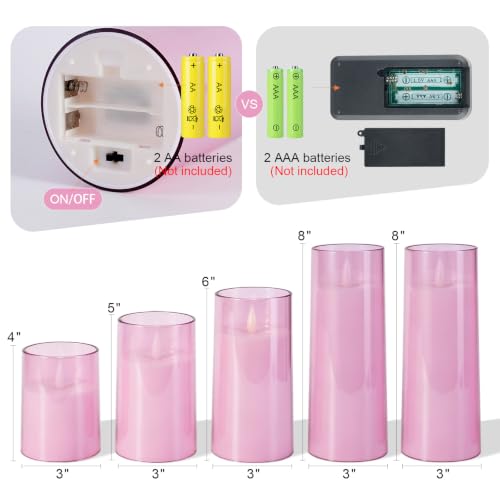 Image of Homemory Realistic Flickering Flameless Pink Candles with Remote & Timer | LED Fake Electric Pillar Candles Battery Operated for Home, Wedding, Christmas Decor, Set of 5