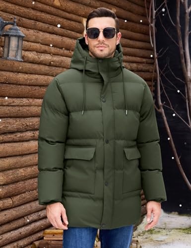 Xnova Winterjacke Herren Gefütterte Lang Steppjacke Bubble Jacket Winddicht Warme, Wasserabweisend Parka Mantel mit Kapuze (Grün, L)