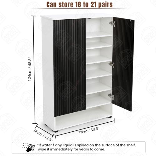Image of ABOUT SPACE Shoe Cabinet - 7 Tier Shoe Rack with Door & Open Bottom Storage|Press Open 2 Door Engineered Wood Shoes Stand for Home | Smooth Non-Fluted-Effect Adjustable Shelf 18-21 Pair |White & Black