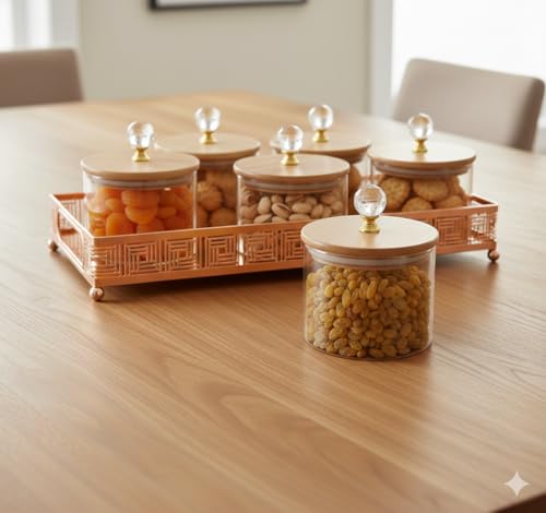 Image of Diwali Serving Dry Fruit Tray, 6 pcs Glass Container Serving Tray Set | 600 ML Each Premium Design Air-Tight Lid Copper Stand Organizer Bamboo jar Lid