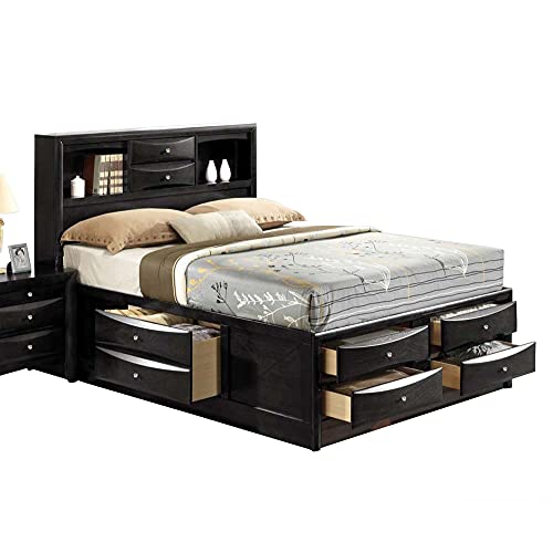 Habitrio King Bed With Storage, Solid Wood Eastern King Size Bed Frame With Headboard (2 Bookcase, 2 Drawers), Footboard (4 Drawers), Rail With 2 Drawers, Wooden Slat, No Box Spring Needed, Black #TOP5