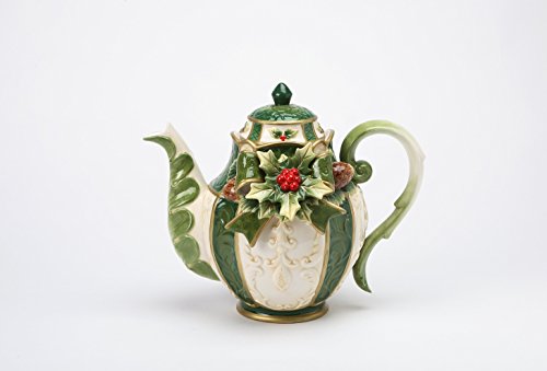 Cosmos Gifts 10309 Fine Ceramic Christmas Emerald Green Holidays Holly Berry with Pine Cone Design Teapot, 9 1/4" L