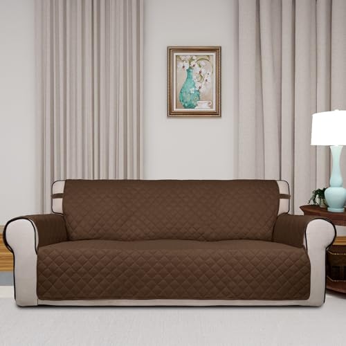 Image of PureFit Reversible Quilted Sofa Cover, Water Resistant Slipcover Furniture Protector, Washable Couch Cover with Non Slip and Elastic Straps for Kids, Dogs, Pets (Sofa, Coffee /Ivory)