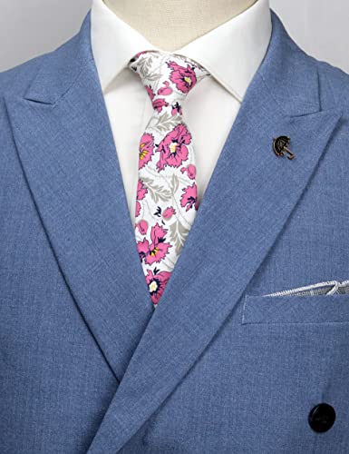 Image of Men's Skinny Tie Floral Cotton Necktie and Tie Bar Clip Sets, Great for Weddings,Groom,Groomsmen