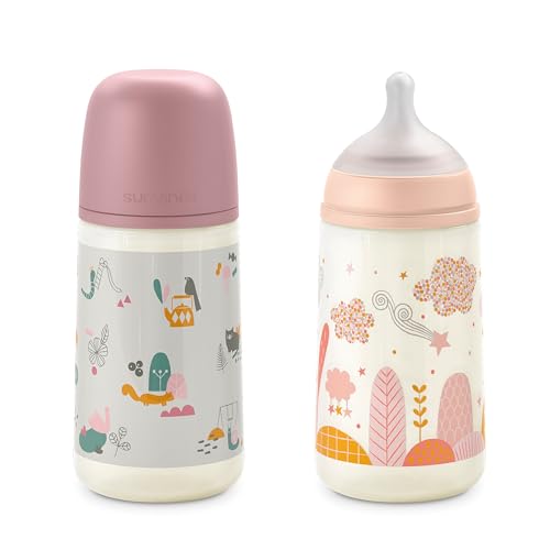 Suavinex, Set de 2 Biberones Anticólicos de 270 ml, Kit de Biberones con Tetina Fisiológica SX Pro de Silicona, de Flujo Medio (M), con Válvula Anticólico, para Bebés +3 Meses. Rosa