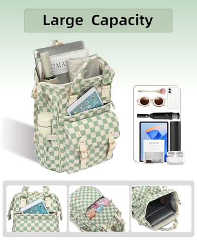 Mochila de laptop para mujeres terciopelo a cuadros verde miniatura 3