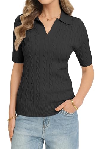 Image of QUALFORT Cable Knit Women's Short Sleeve Sweater Soft V Neck Polo Tops