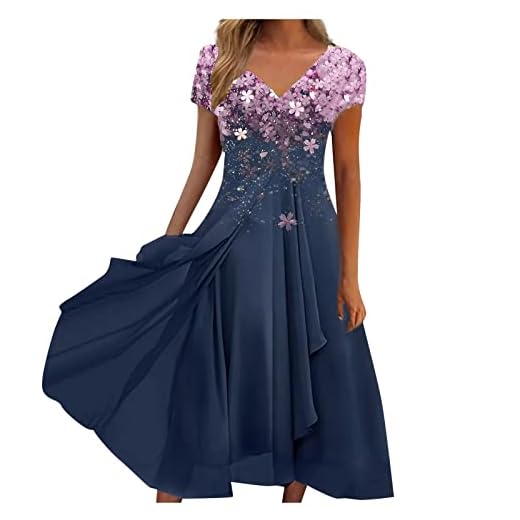 Country Dresses to Wear with Boots, Women's Dress Tank Dresses for Women Fall 2022 Clothing Fashion Plus Size Women's Casual Printed V-Neck Zip Short Sleeve Paneled Large Long (M, 1-Navy)