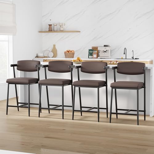 Image of GarveeHome Bar Stools Set of 6 with Arms, 26 inch Modern 6-Piece Counter Height Metal Barstools Set with Back & Footrest, Upholstered Wider Seat, Sturdy Frame, for Counter Bar, Kitchen Island, Retro Brown
